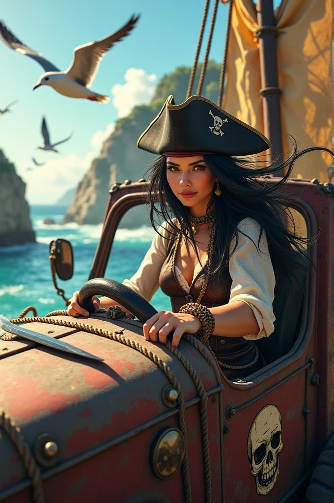 Highest quality A beautiful female pirate is driving a pirate-style truck