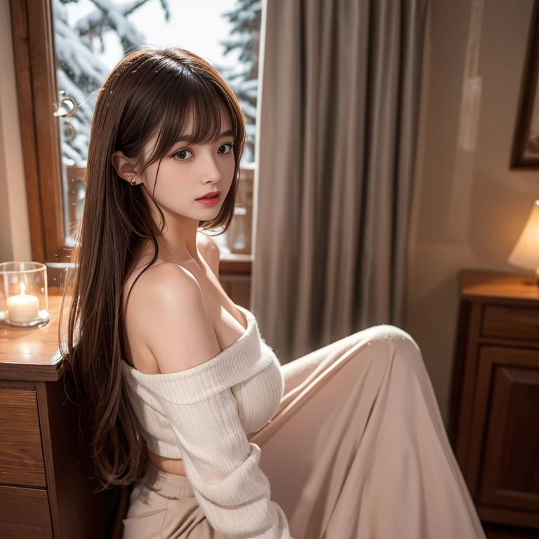 long skirt,skirt, (knee shot), 1 woman, On the face, light brown hair, blunt bangs, hair behind ears, Hair over the shoulders, long hair, Slender body type, Super thin face, face slimming, delicate lips, beautiful eyes, Thin blush, Eyes are light brown,Check it out here, (realistic:1.3), There is a coniferous forest with heavy snow., It's snowing .One person's perspective, 8k, On the table, , Super detailed, high quality, best quality, High resolution, ，Large Breasts，H CUP, off -shoulder top