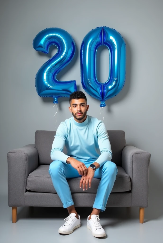best qualityer:1.4), (ultra high resolution:1.2), (photorrealistic:1.4), (8k, CRU photo:1.2), 1 young man, 20 years old, thin, skin black, with a smooth, beardless face, with short hair with shaved sides and a low top, similar to the fade or taper haircut style, baby blue long sleeve turtleneck shirt. Baby blue dress pants. White sneakers. He is sitting on a gray sofa. You are in a photography studio with a gray background. On the wall there are blue balloons shaped like the number 20.