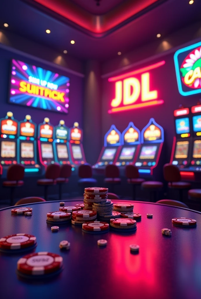 no human, only background, casino background, gambling, promoted casino, animated, advertising, branded casino name: JDL, advertised with a board: SIGN UP now