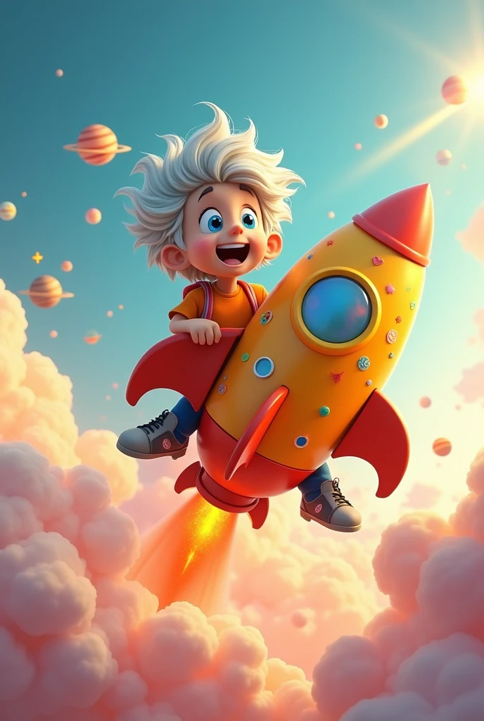 create a 56 year old white male with the orange shirt, with glasses mounted on an orange space rocket with blue,  Pixar-style