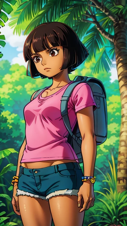 (1girl, dora), (extremely detailed CG unit 8k wallpaper),(master part), (best quality), (ultra detail), (best illustration),(one piece style), cowboy shot, (Sharp eyeliner, ombre, detailed eyes:1), jungle, outdoors ,GHIBLI_Background, break , upper body,(pink shirt, shorts, bracelet,backpack,brown eyes, dark-skinned female, (tan), bob cut), 