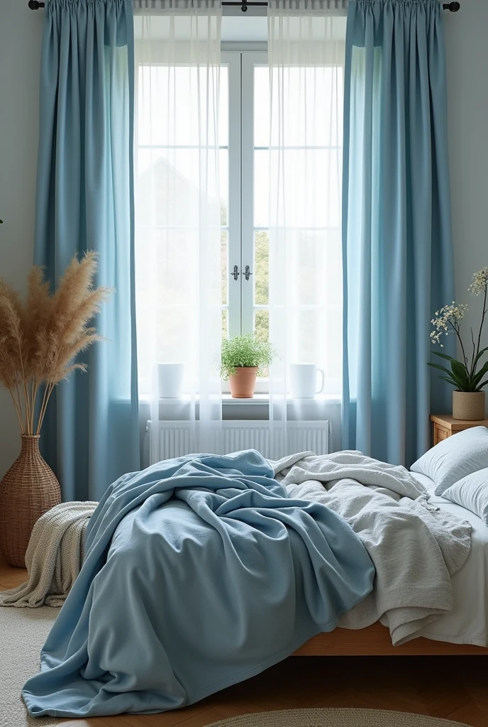 The light blue bedspread is grey and the curtains are light blue.