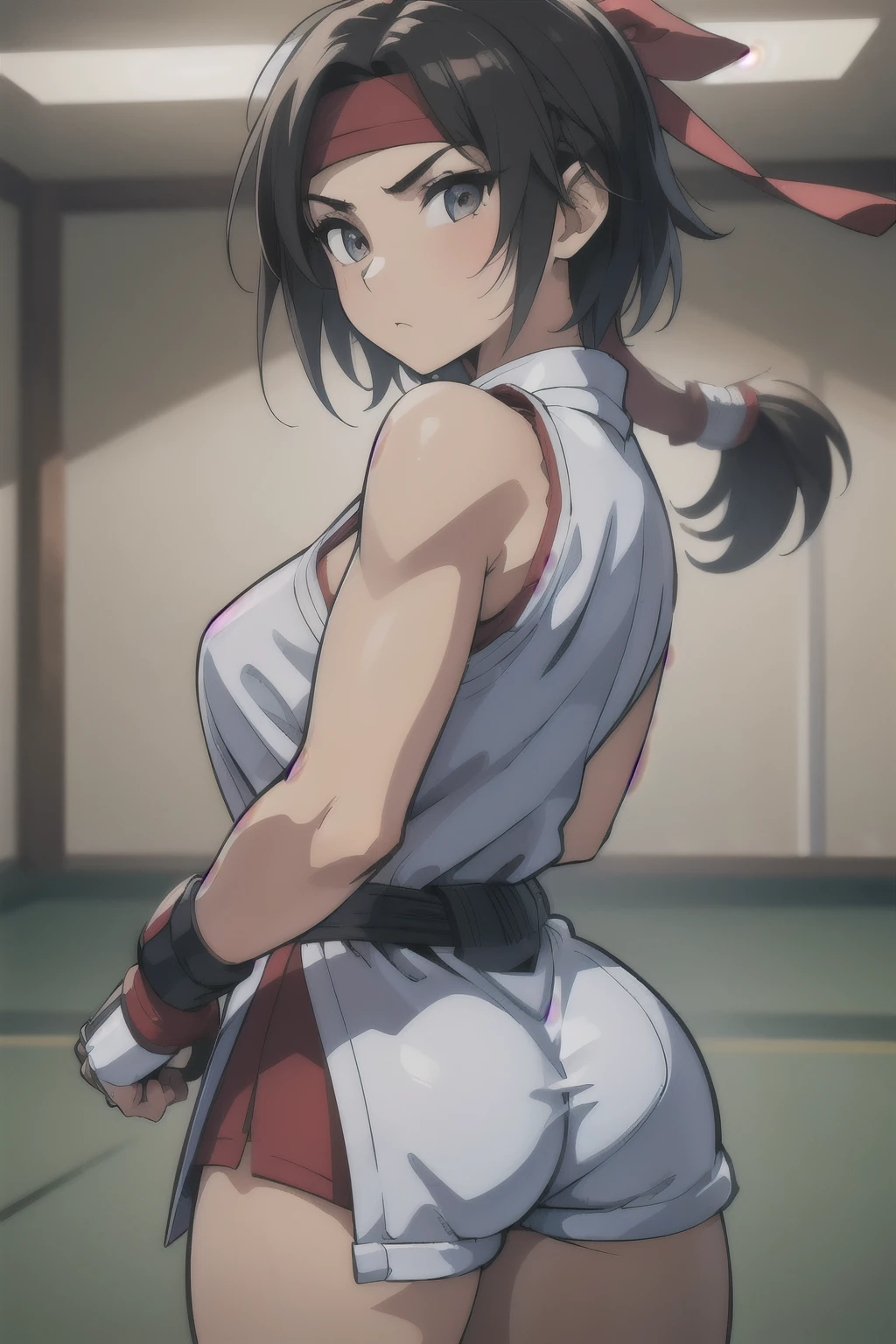 (masterpiece, best quality:1.2), expressive eyes, perfect face, highres, 1girl, solo, ryu \(sf\), (female:1.5), black hair, short messy hair, dougi, white karate uniform, fingerless gloves, red headband, back pose, portrait, l back at the viewer, cowboy shot