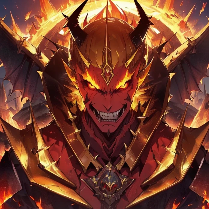 (High Resolution, HD, High Quality), (Super Detailed, High Details), (Masterpiece), (Anime, Anime Style), (Character Design), high fantasy, epic dark demonic fantasy)(detailed background)(chaos)(warhammer aesthetic)
{{evil giant demon prince:(((red demon skin, red demon head, spiky yellow teeth, muscular neck, pointy demon ears, big demon wings, long demon pointy tail, vampire nose, spiky jaw, evil demon smile, (golden demon armor, golden shoulder plates, golden hip armor, big fire demon sword,(fire around the castle ruins)))}}