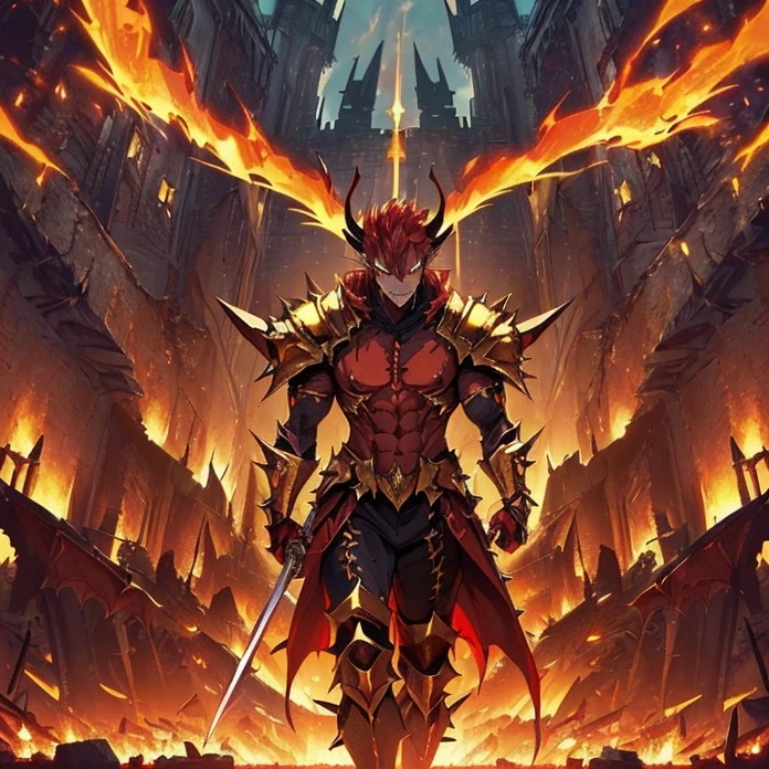 (High Resolution, HD, High Quality), (Super Detailed, High Details), (Masterpiece), (Anime, Anime Style), (Character Design), high fantasy, epic dark demonic fantasy)(detailed background)(chaos)(warhammer aesthetic)
{{evil giant demon prince:(((red demon skin, red demon head, spiky yellow teeth, muscular neck, pointy demon ears, big demon wings, long demon pointy tail, vampire nose, spiky jaw, evil demon smile, (golden demon armor, golden shoulder plates, golden hip armor, big fire demon sword,(fire around the castle ruins)))}}