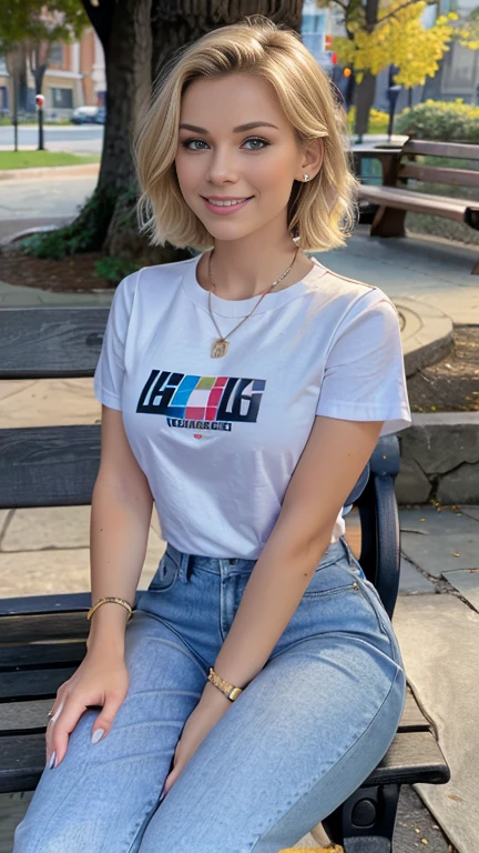 a beautiful young russian woman with short blonde wavy hair, sitting on a park bench, wearing a shirt, skinny jeans, and sneakers, with ear piercings and a necklace, smiling with beautiful teeth alignment, (best quality,8k,highres,masterpiece:1.2),ultra-detailed,(realistic,photorealistic,photo-realistic:1.37),intricate details,striking portrait,natural lighting,warm color tones,beautiful landscape background