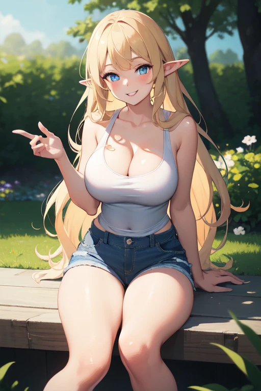 ((High resolution)) (Detailed) (masterpiece) beautiful elf woman, with huge round breasts, long blonde hair, with left bangs, blue eyes, wearing black tank top with big cleavage, small jeans shorts, soft lighting, plants and trees in background, relaxed pose, intricate details, warm colors, smiling, hands down, shy smile, outdoor, summer
