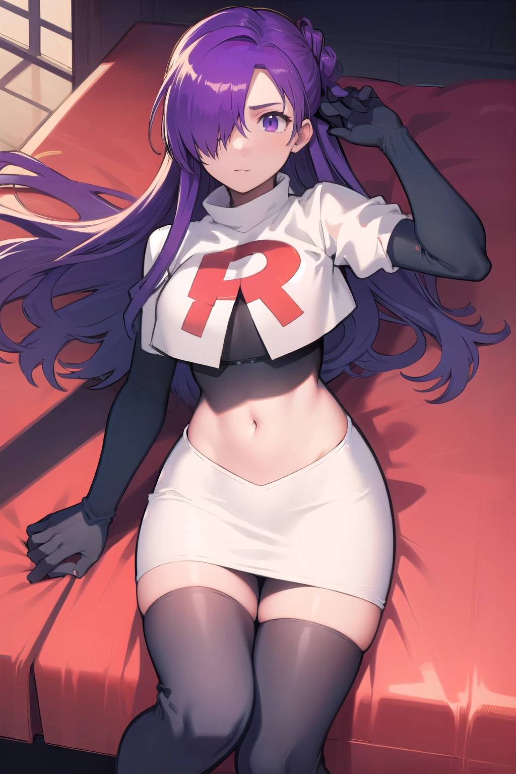 masterpiece, best quality, shez, hair over one eye, looking at viewer, team rocket,team rocket uniform,white skirt,red letter R,crop top,black thigh-highs,black elbow gloves