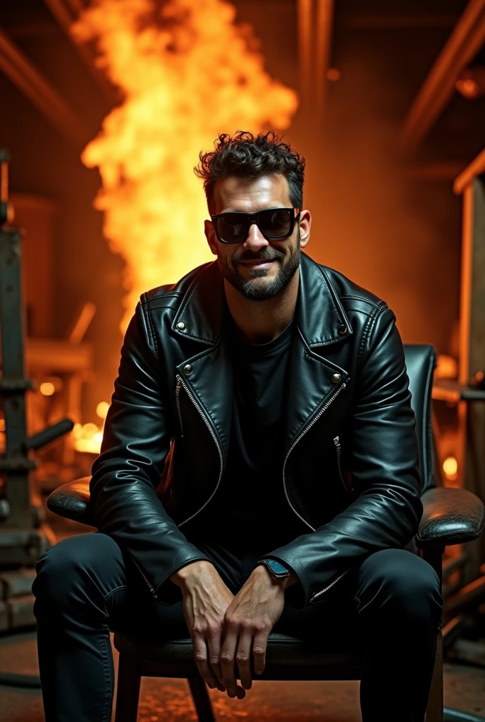 A man wear sunglass, black jacket and sitting on chair, Fire is just behind her, garage background
