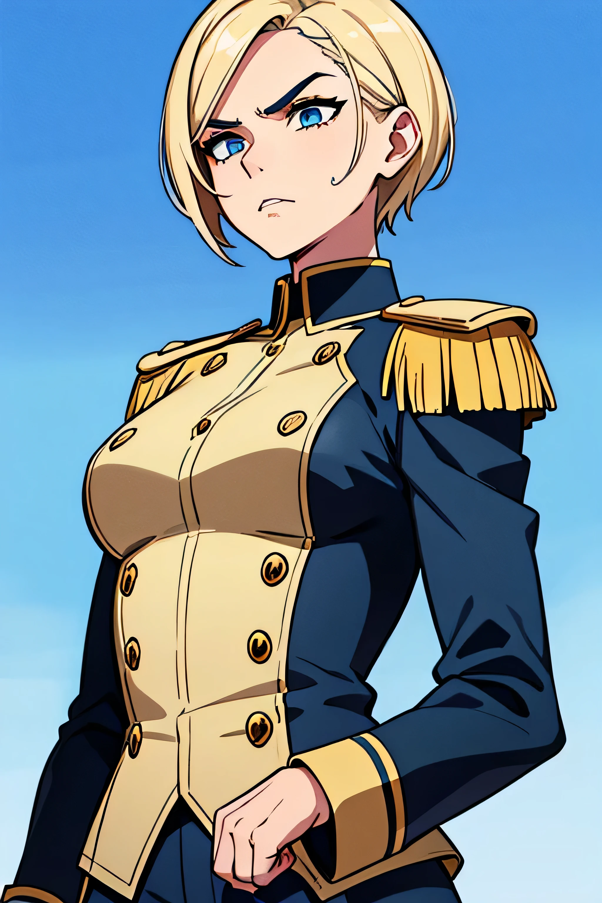 Digital image featuring a young woman with striking, sharp facial features and a fair skin tone. The young woman has short, blonde hair styled in a modern, slightly tousled manner. she have piercing blue sky eyes and bold eyebrows, with a serious and intense expression. she is dressed in a light blue high-collared military-style uniform with pants in green olive color, adorned with gold and black details, including epaulettes and decorative buttons in gold color, The background is a blank space