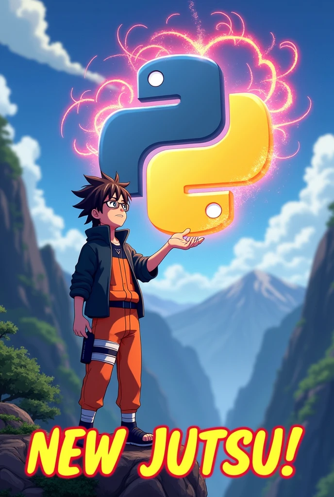 Generate a image for a programmer who has learn python programming language and want to announce in anime style as he's greatest anime fan especially python, so the image would containing Naruto announcing new Jutsu excitingly and on top uee python programming language logo, also add a caption as new Jutsu on the image, also add python programming language logo