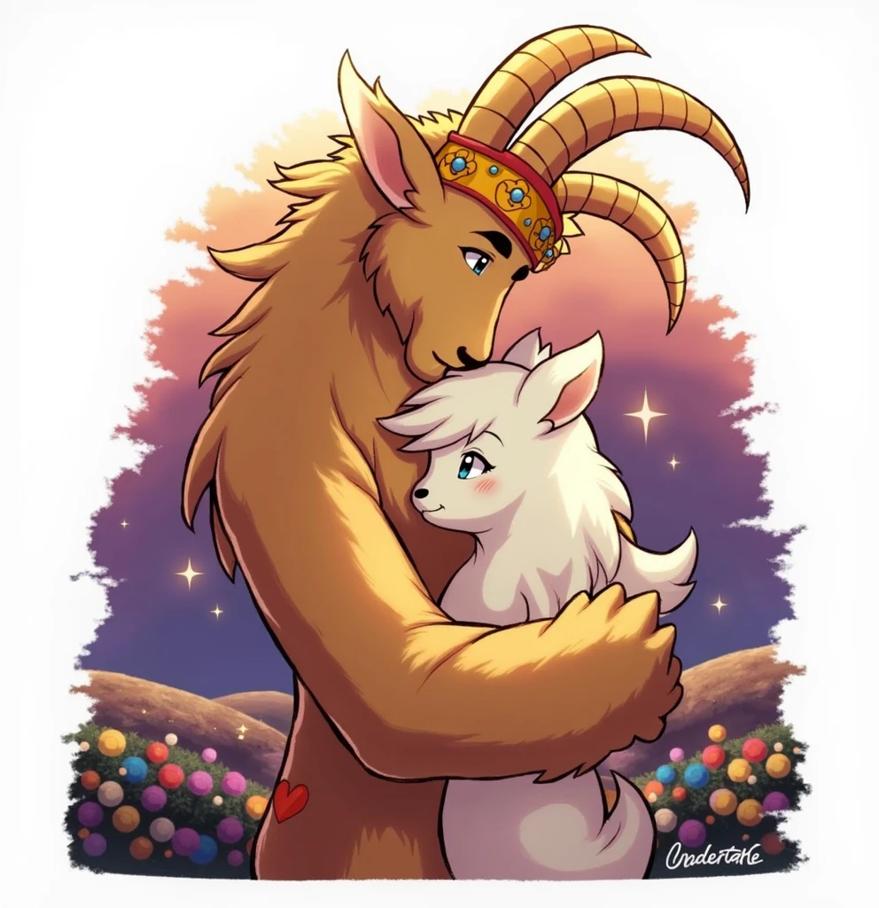 Create an animated illustration of the Undertale characters,Asgore and Toriel romantic,that are as similar as possible to the game are anthropomorphic goats created in a video game called undertale