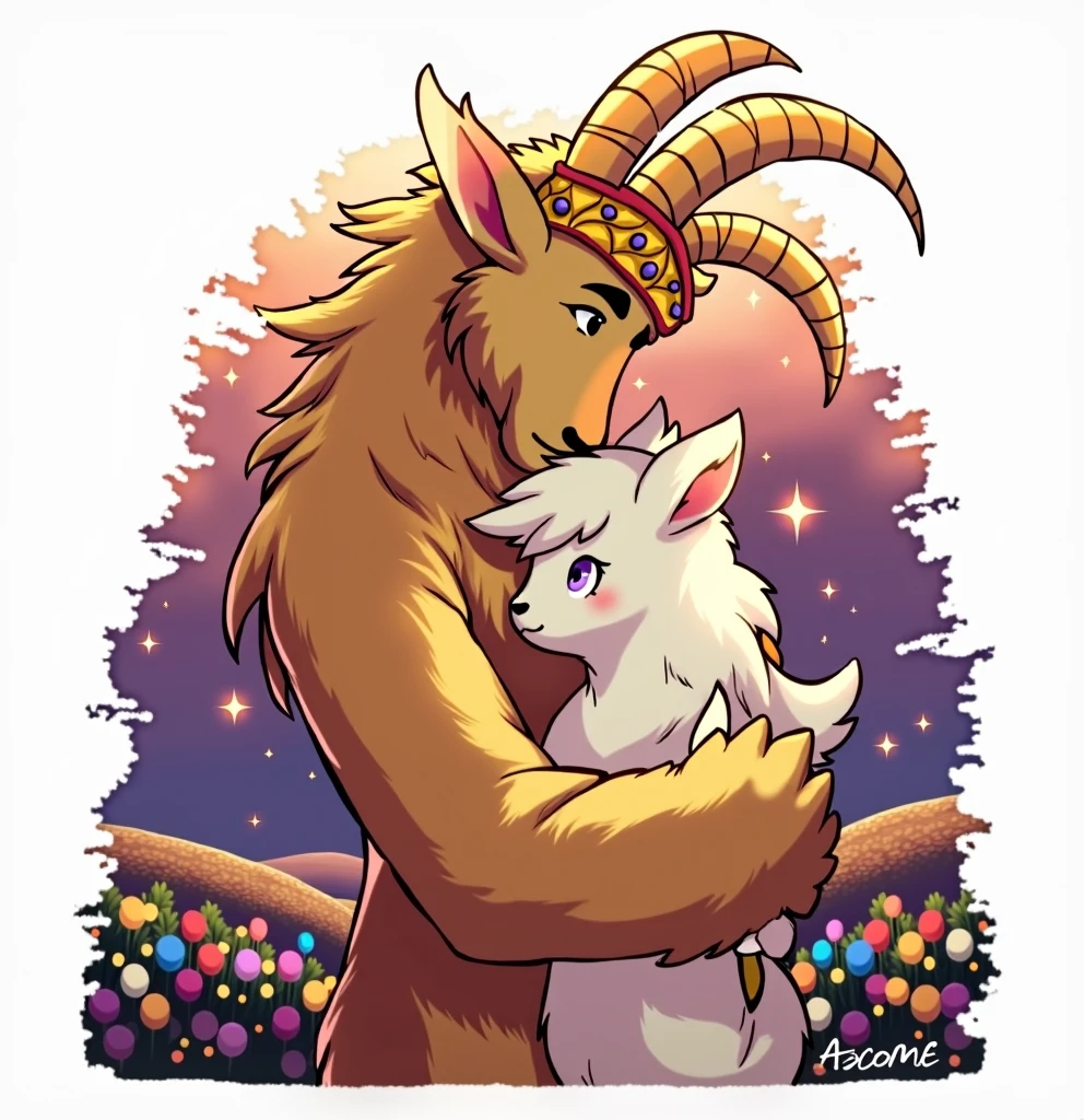 Create an animated illustration of the Undertale characters,Asgore and Toriel romantic,that are as similar as possible to the game are anthropomorphic goats created in a video game called undertale