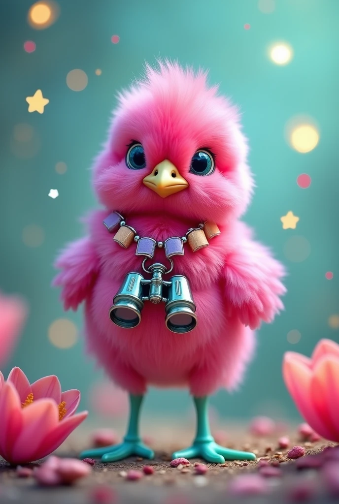 I want you to create a fuchsia-colored chick with turquoise legs, binoculars on its neck, and a necklace of tulips on its head with little stars around it.