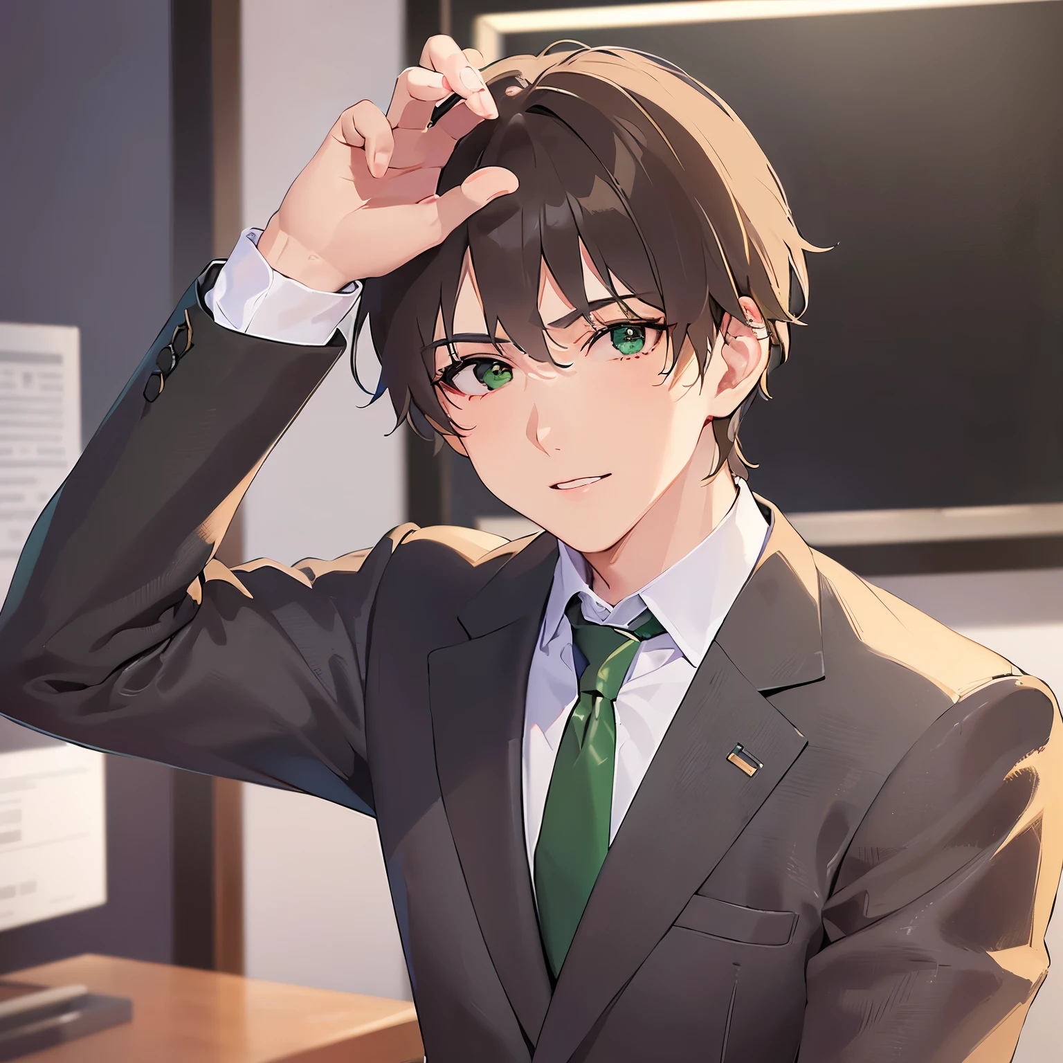 （looking at viewer:1.5）Upper Body, 
shiny skin, masterpiece、Highest quality、
BREAK(25-year-old male:1.5) and (Brown short hair) and (Green Eyes)BREAK
 BREAK (Wearing a suit:1.5) and (Green tie)BREAK
smile,Background in the office、(alone:1.5)
