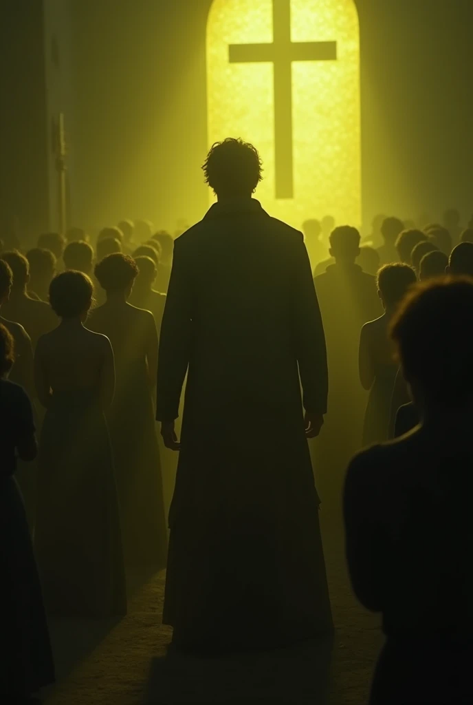 special agent leon, with blonde hair, is desperate surrounded by people praying, lighting is yellowish, dark greenish, Darkening, with deep shadows, highlighting the tension and desperation of the scene, in the background there are strange people in rural clothes in a tall ancient chapel praying to a god, Realism, ass pov, diffraction spikes, character chart, uhd, accurate, textured skin, super detail, high quality, best quality, highres