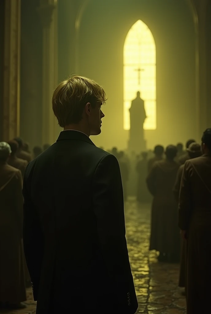 special agent leon, with blonde hair, is desperate surrounded by people praying, lighting is yellowish, dark greenish, Darkening, with deep shadows, highlighting the tension and desperation of the scene, in the background there are strange people in rural clothes in a tall ancient chapel praying to a god, Realism, ass pov, diffraction spikes, character chart, uhd, accurate, textured skin, super detail, high quality, best quality, highres