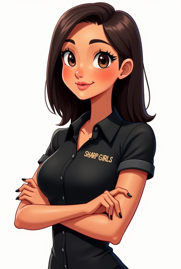 Female cartoon avatar, straight hair parted in the middle, with freckles on his face, black collared shirt with the name SHARP GIRLS small on the side of the chest, facing forward with arms crossed, power stance, all white image background