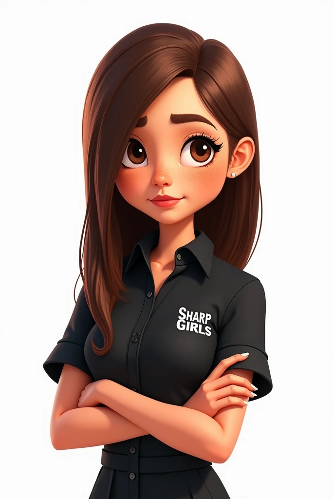 Female cartoon avatar, straight hair parted in the middle, with freckles on his face, black collared shirt with the name SHARP GIRLS small on the side of the chest, facing forward with arms crossed, power stance, all white image background 