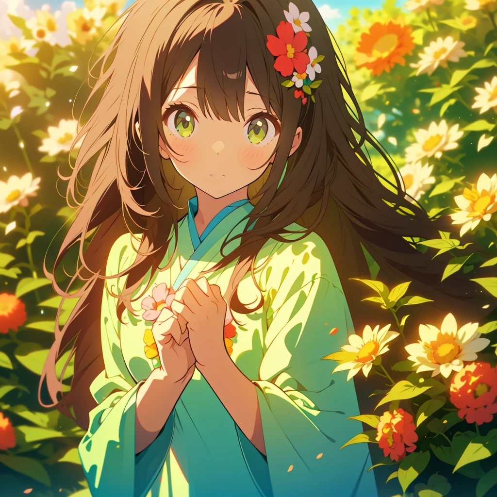 claw pose, kawaii, anime, Cute, hyper quality, highly detailed, 8k, Clarity, Draw facial expressions in detail, Girl with long dark brown hair and green eyes, surrounded by flowers, flowers, bright sky, coffee, claw pose, highlight on eyes, troubled face,