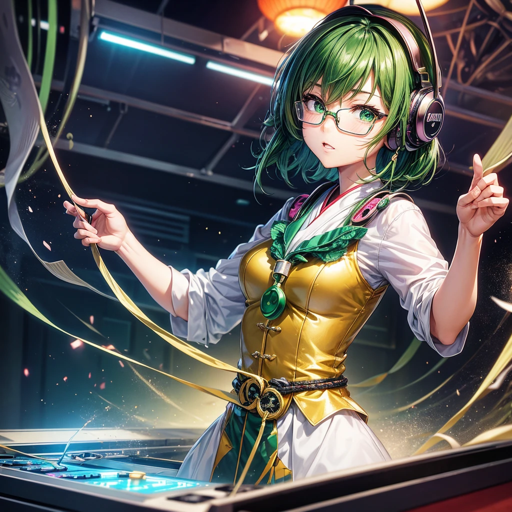 Japanese cartoons, dj女孩, dj, dj girl, earphone, carnival, (Highest quality),masterpiece,best quality,extremely detailed CG wallpaper, Extremists_detailed,(Movie Lighting:1.1), (Cold Face), Green Eyes, 1 Girl, Solitary, dark green_hair, short_hair, masterpiece, best quality, Glasses