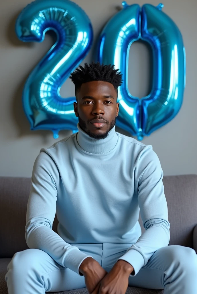 best qualityer:1.4), (ultra high resolution:1.2), (photorrealistic:1.4), (8k, CRU photo:1.2), 1 young man, 20 years old, thin, skin black, with a smooth, beardless face, with short hair with shaved sides and a low top, similar to the fade or taper haircut style, baby blue long sleeve turtleneck shirt. Baby blue dress pants. White sneakers. He is sitting on a gray sofa. You are in a photography studio with a gray background. On the wall there are blue balloons shaped like the number 20.