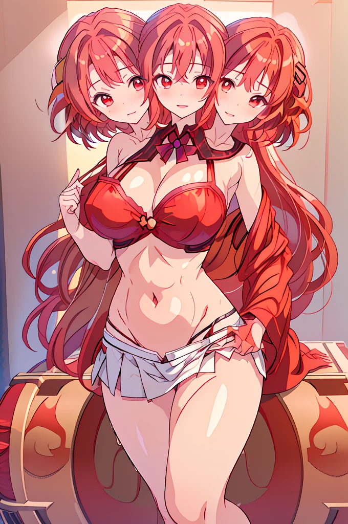 (masterpiece, best quality), best quality, best resolution, (ultra-detailed), ((3heads:1.5)), three heads, 1girl, (raiko horikawa:1.3), masterpiece, best quality, ultra quality, ultra resolution, ultra detail, black top, crop top, ((stomach)), midriff, ((groin)), white skirt, normal ears, shackles, (wavy red hair), bob cut hair, short hair, redhead, wavy hair, red eyes, parted lips, open belly, smiling, smirking, cute smile, cute, toned belly, hand on own chest, eyelashes, (25 year old woman:1.3), (masterpiece:1.5), (best quality:1.5), (beautiful detailed), extremely detailed CG, extremely delicate and beautiful, depth of field, (finely detailed face), (perfect details:1.2), (mature female:1.3), wide pelvis, slender, large veiny breast, 16k resolution, highres, very high quality, very high definition, extremely detailed, masterpiece, (wavy red hair), short hair, alluring presence, short skirt, close up, very big tits, huge breasts, young, purple tie, ((red hair:1.5)), ((redhead:1.5)), girl with three heads, (same hair color),