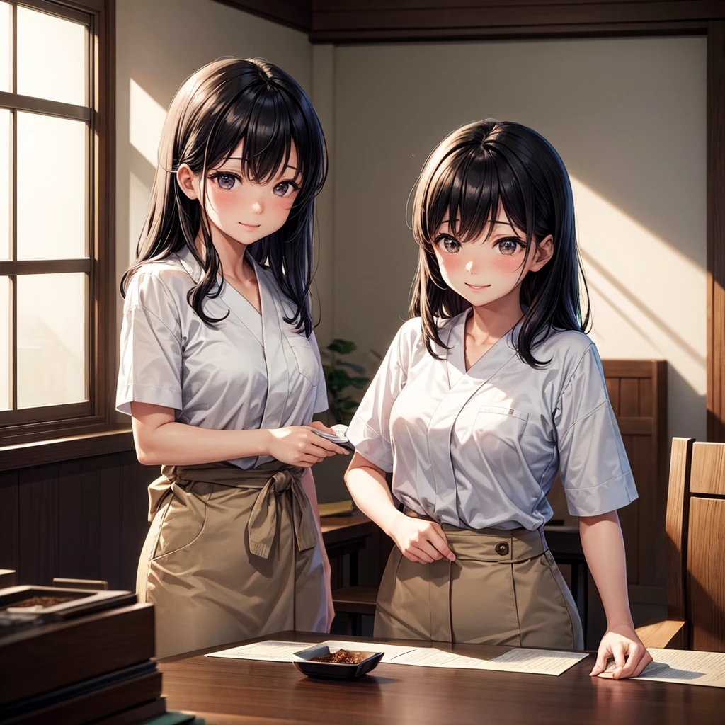 There are two people in the room., One is a woman,The other is men, in office, HD, Ikuo Hirayama, Yoshitomo Nara, on the table, Tadashi Nakayama, Smile, Pretty Face,