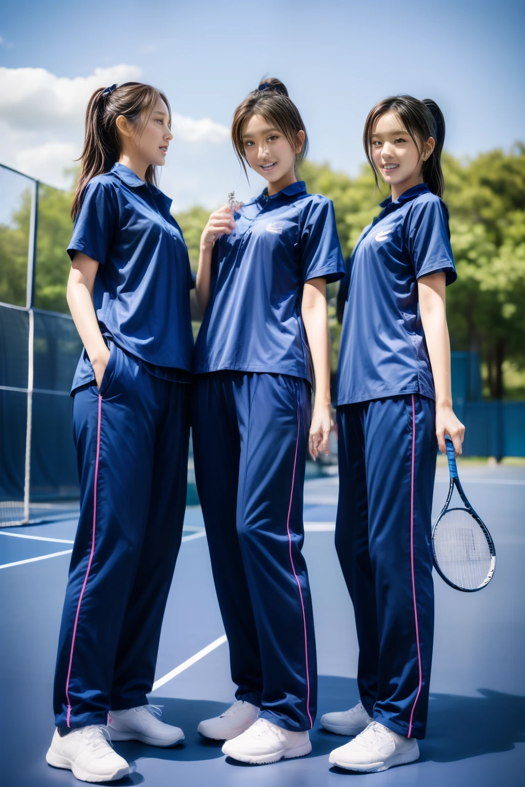 3 girls play tennis at tennis courts, Navy blue short-sleeved shirt,Navy Long Trackpant,Sweatpants, Sweatpantsขายาว,25 year old girl, lesbian, sexy, exercise clothes, wet body, exercise clothes