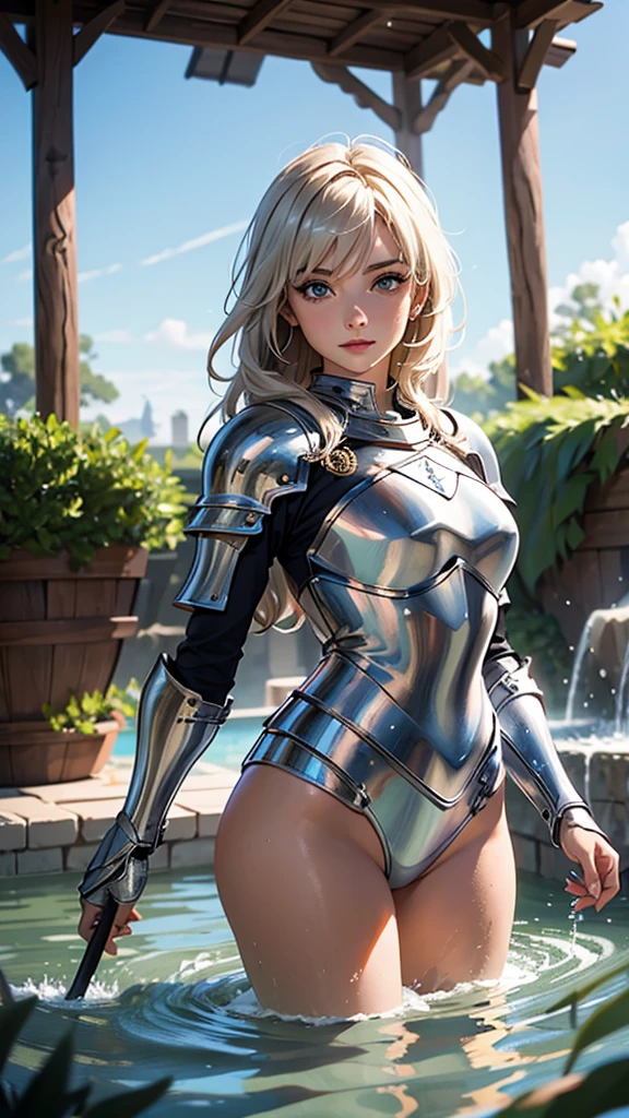 ((最high quality, 8K, masterpiece: 1.3, Ultra HD, high quality, 最high quality, High resolution, realism)) 、(high color saturation:1.0), (highly detailed skin), (最high quality:1.0), (超High resolution:1.0) ,(realistic:1.0), (Super detailed:1.0), (8K, Raw photo:1.1), slender、Slender, muscular body that's toned like an athlete's、Jeanne d'Arc、Wearing Western armor from head to toe、holding a pole with a flag on it、nice body、I'm on top of a small hill、There are many knights in armor around.、It's a battlefield、There are many dead soldiers around