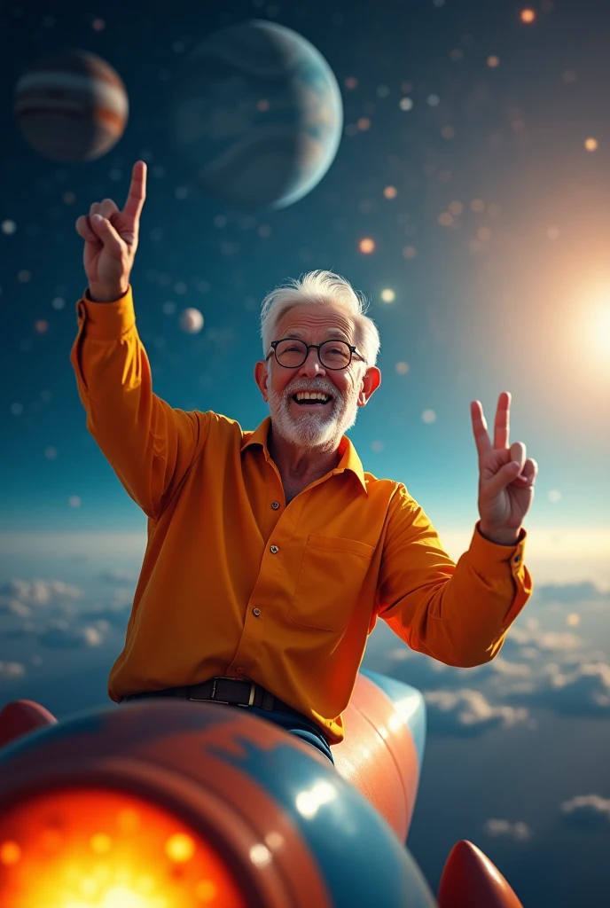 create a 56 year old white male with the orange shirt, with glasses mounted on an orange and blue space rocket making the victory sign with his fingers