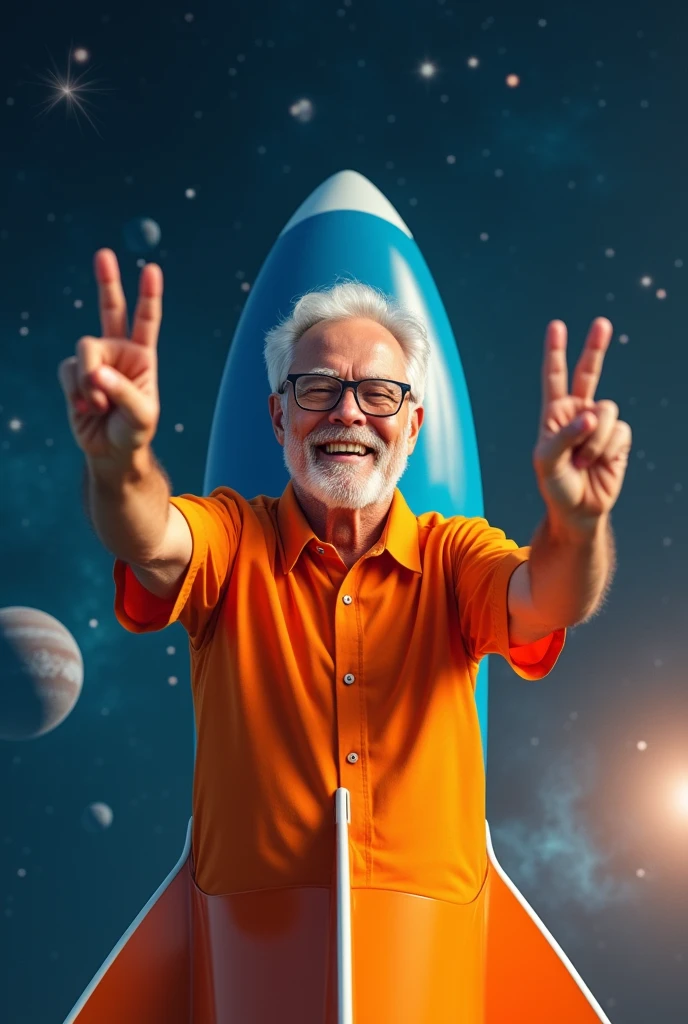 create a 56 year old white male with the orange shirt, with glasses mounted on an orange and blue space rocket making the victory sign with his fingers