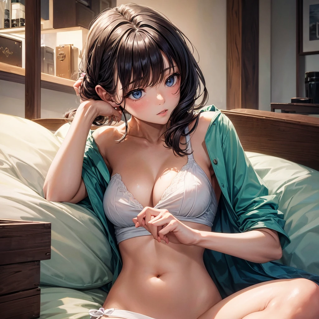 ((masterpiece, best quality)), (1 Girl), (Solitary), (Women's Focus), night (Chainsaw Man),(Very rich facial details, Real images, Realistic white skin, Realistic body, Intricate details), Upper Body, Focus on the face, Black hair tied up, Long hair, Intimidating appearance, Black strap skirt, shirt, Neck strap, Small Breasts