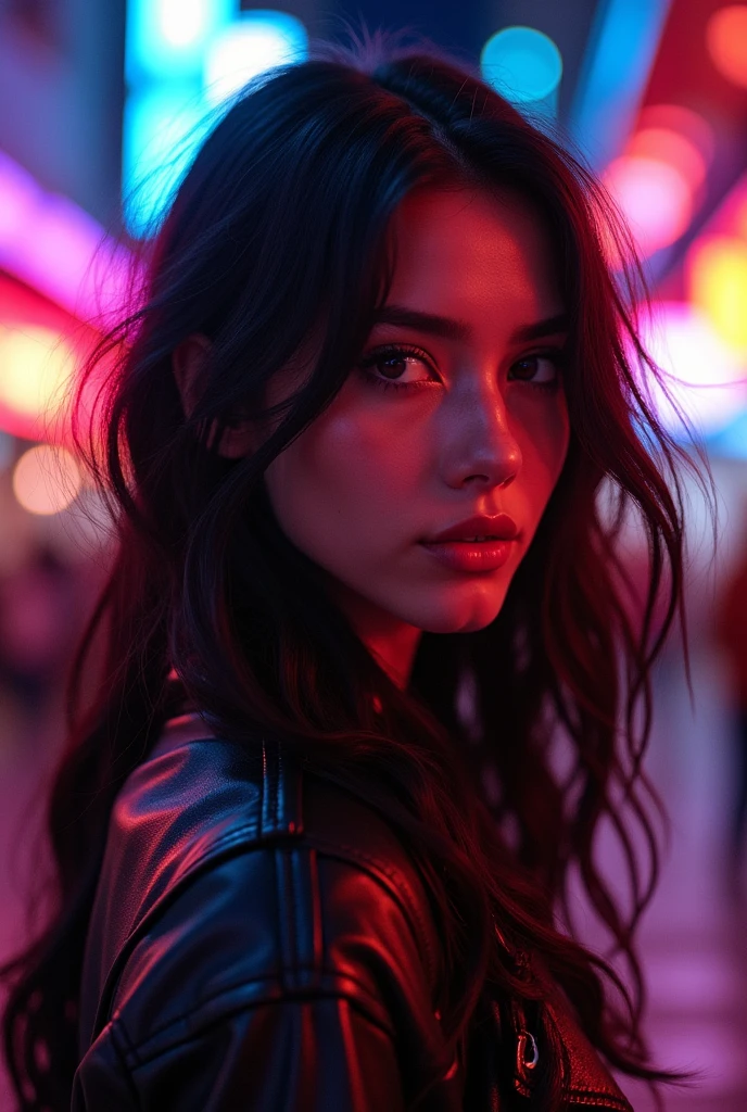 a young woman, looking to the right, detailed facial features, beautiful eyes, marked cheekbones, long wavy messy dark hair , urban street environment, neon lighting, cyberpunk style, dynamic pose, changing colors, cinematic lighting, hyperrealistic, 8k, Award-winning digital art