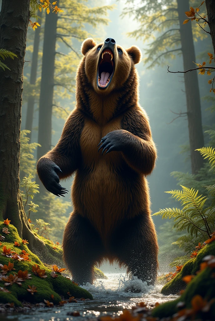 Make a picture of a bear with three ribs between its teeth