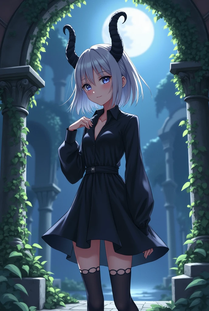 Girl with short white hair tied on the left side, with black horns, wearing a black dress with a black blouse on top, holey tights and black knee-high boots anime version.