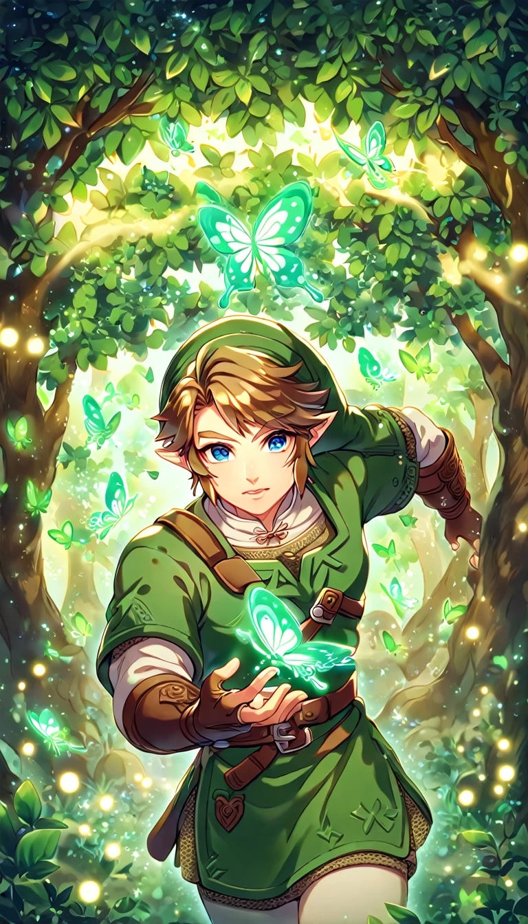 absurdres, highres, ultra detailed, HDR, master piece, best quality, extremely detailed, Link, brown hair, expressive blue eyes, The Legend Of Zelda Twilight Princess, solo, sexy man, sensual, handsome, green tunic, green hat, brown gauntlets, under a green tree, fantasy, magical, glittering fireflies, green butterflies, green flames, glass magic, green leaves
