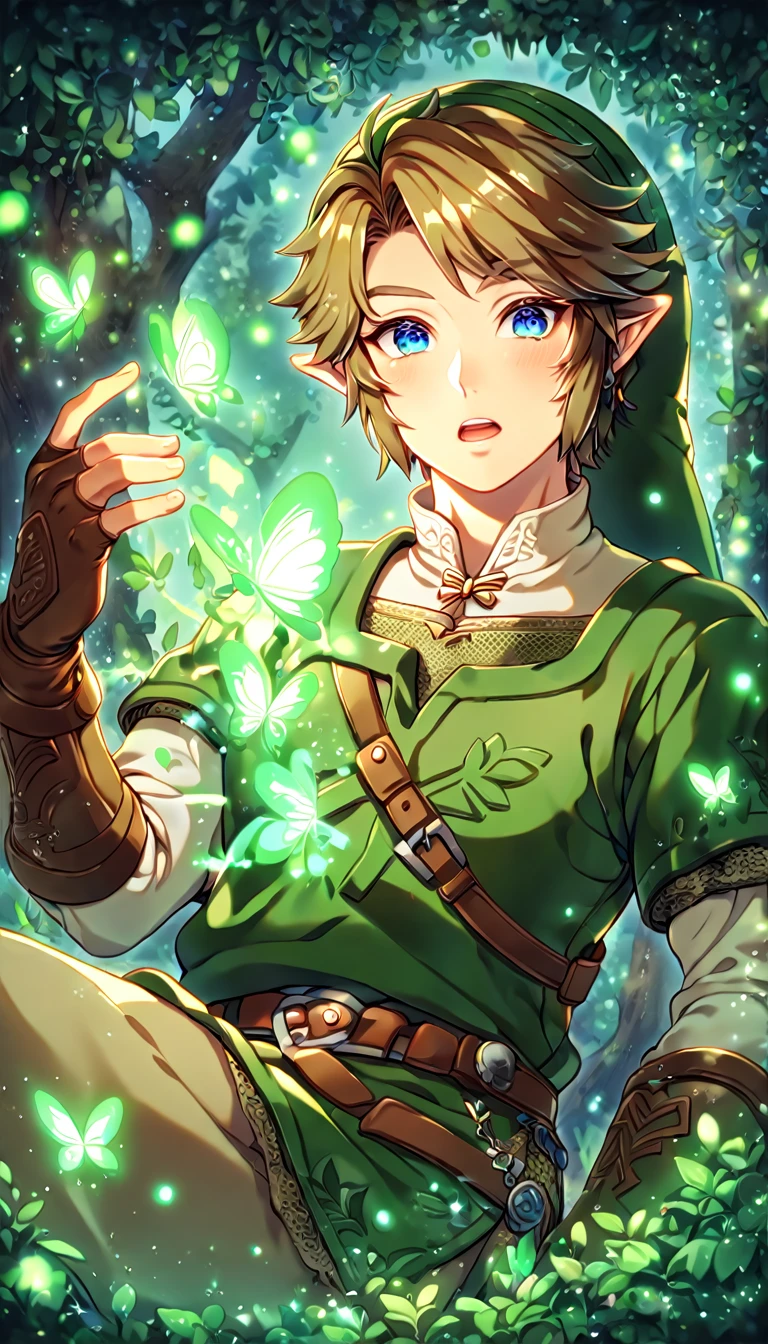 absurdres, highres, ultra detailed, HDR, master piece, best quality, extremely detailed, Link, brown hair, expressive blue eyes, The Legend Of Zelda Twilight Princess, solo, sexy man, sensual, handsome, green tunic, green hat, brown gauntlets, under a green tree, fantasy, magical, glittering fireflies, green butterflies, green flames, glass magic, green leaves