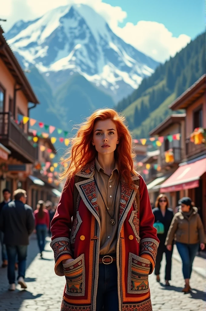 Create a revolutionary woman with the name Carolina below, in the middle of a town where you can see the mountains in the distance