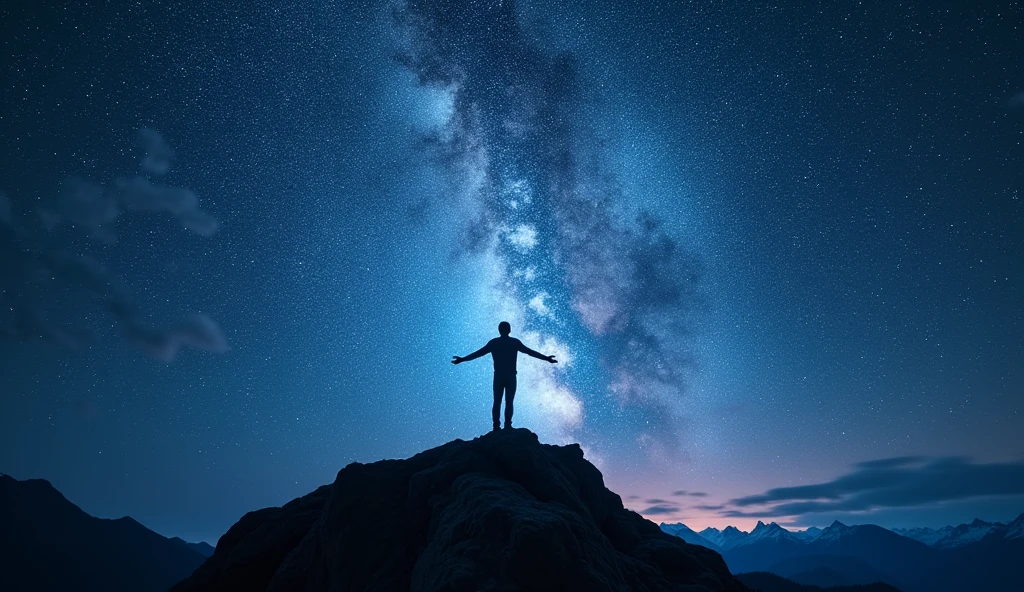  A figure of a person with open arms on a mountain, looking at a bright galaxy in the night sky. Dark colors contrasting with the light of the galaxy. Feeling of freedom and connection.