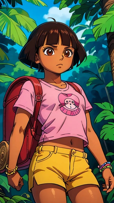 (1girl, dora), (extremely detailed CG unit 8k wallpaper),(master part), (best quality), (ultra detail), (best illustration),(one piece style), cowboy shot, (Sharp eyeliner, ombre, detailed eyes:1), jungle, outdoors ,GHIBLI_Background, break , upper body,(pink shirt, shorts, bracelet,backpack,brown eyes, dark-skinned female, (tan), bob cut), 