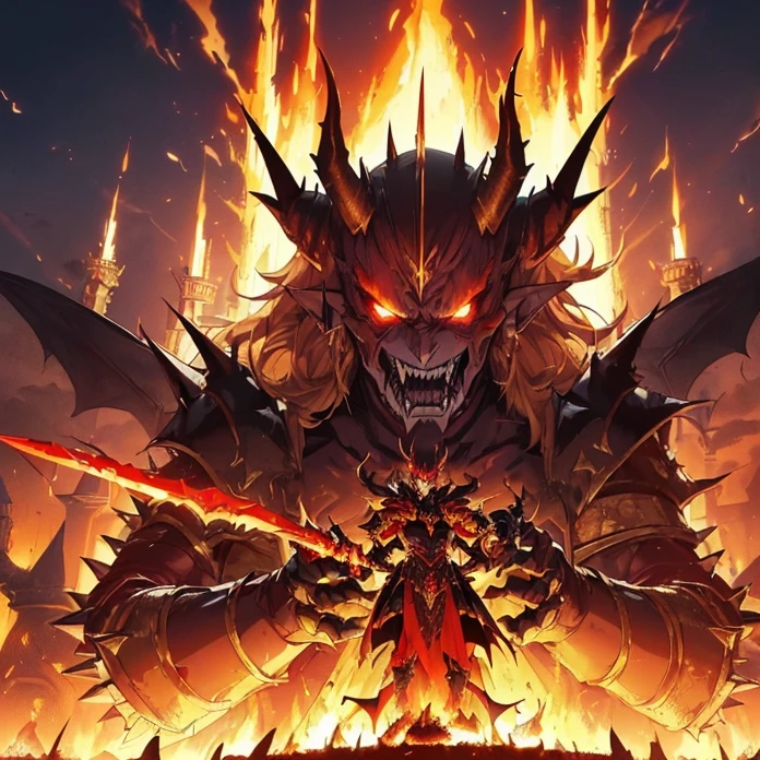 (High Resolution, HD, High Quality), (Super Detailed, High Details), (Masterpiece), (Anime, Anime Style), (Character Design), high fantasy, epic dark demonic fantasy)(detailed background)(chaos)(warhammer aesthetic)
{{evil giant demon prince:(((red demon skin, red demon head, spiky yellow teeth, muscular neck, pointy demon ears, big demon wings, long demon pointy tail, vampire nose, spiky jaw, evil demon smile, (golden demon armor, golden shoulder plates, golden hip armor, big fire demon sword,(fire around the castle ruins)(menacing dictator pose, rising his sword up))}}