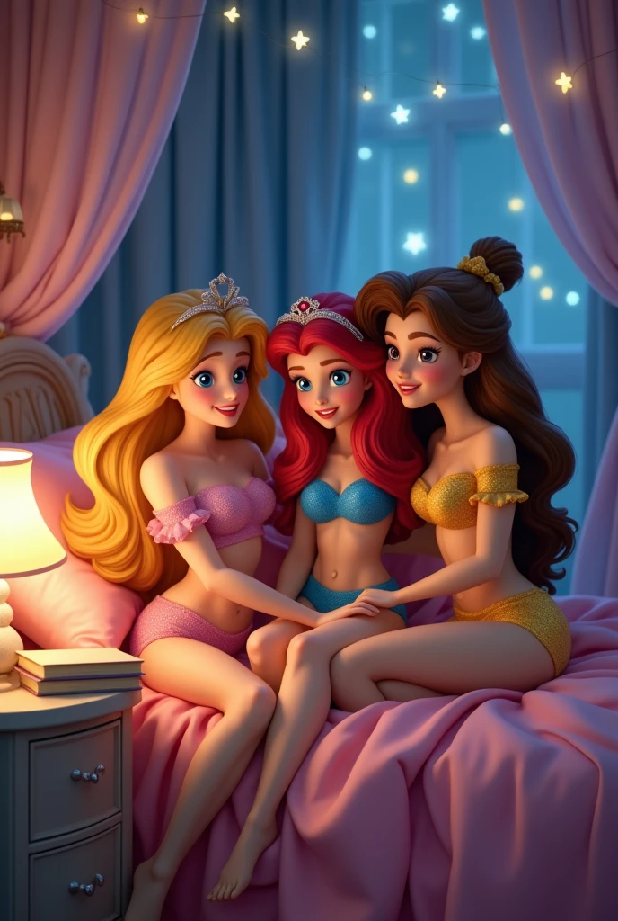 ((Full body photo, standing, feet on the floor)) Sleeping Beauty in pink panties, Ariel in blue panties and Belle in yellow panties. the 3 friends lying in bed one night