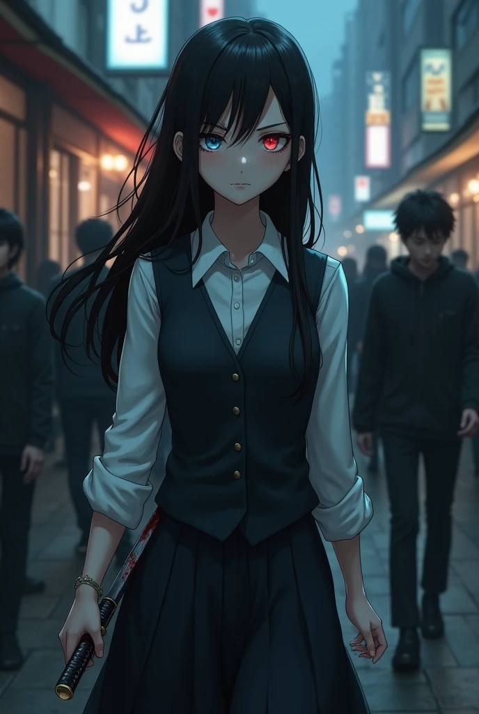 Realistic image. A girl with long black hair loose with a side bang covering her light blue eyes, but one of hers was colored red instead of blue, a serious expression in a school uniform, a white dress blouse with one button unbuttoned with a vest on top. up. The girl was on the street walking through a crowd, going almost unnoticed on a dark night, holding a katana in her hand, the blade stained with blood.