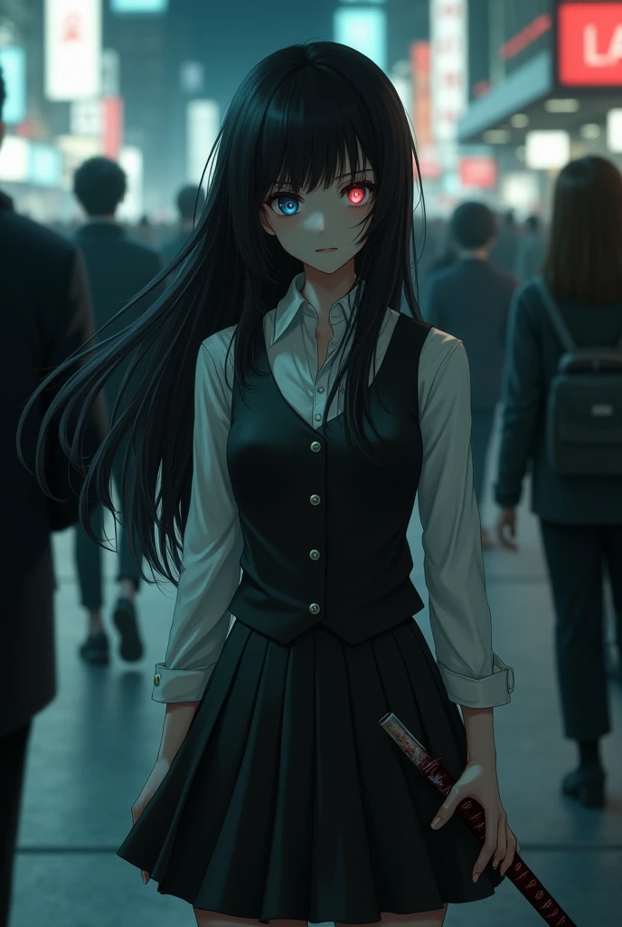 Realistic image. A girl with long black hair loose with a side bang covering her light blue eyes, but one of hers was colored red instead of blue, a serious expression in a school uniform, a white dress blouse with one button unbuttoned with a vest on top. up. The girl was on the street walking through a crowd, going almost unnoticed on a dark night, holding a katana in her hand, the blade stained with blood.
