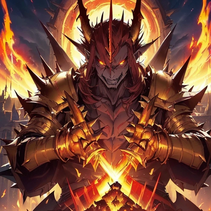 (High Resolution, HD, High Quality), (Super Detailed, High Details), (Masterpiece), (Anime, Anime Style), (Character Design), high fantasy, epic dark demonic fantasy)(detailed background)(chaos)(warhammer aesthetic)
{{evil giant demon prince:(((red demon skin, red demon head, spiky yellow teeth, muscular neck, pointy demon ears, big demon wings, long demon pointy tail, vampire nose, spiky jaw, evil demon smile, (golden demon armor, golden shoulder plates, golden hip armor, big fire demon sword,(fire around the castle ruins)(menacing dictator pose, rising his sword up))}}