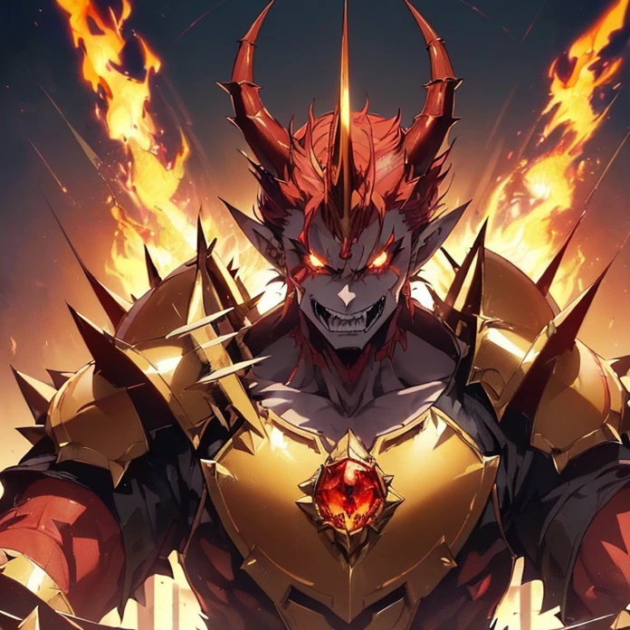 (High Resolution, HD, High Quality), (Super Detailed, High Details), (Masterpiece), (Anime, Anime Style), (Character Design), high fantasy, epic dark demonic fantasy)(detailed background)(chaos)(warhammer aesthetic)
{{evil giant demon prince:(((red demon skin, red demon head, spiky yellow teeth, muscular neck, pointy demon ears, big demon wings, long demon pointy tail, vampire nose, spiky jaw, evil demon smile, (golden demon armor, golden shoulder plates, golden hip armor, big fire demon sword,(fire around the castle ruins)(menacing dictator pose, rising his sword up))}}