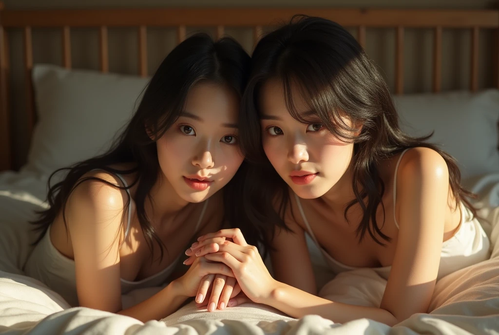 (((photorealistic))), ((realistic)), (ultra high definition), best quality, masterpiece, ((two japanese females)),((couple)) , ((super fine face)), Super big breasts ,nude, (leaning forward:1.3), (hands on knees:1.3), from above, looking at viewer,bed room