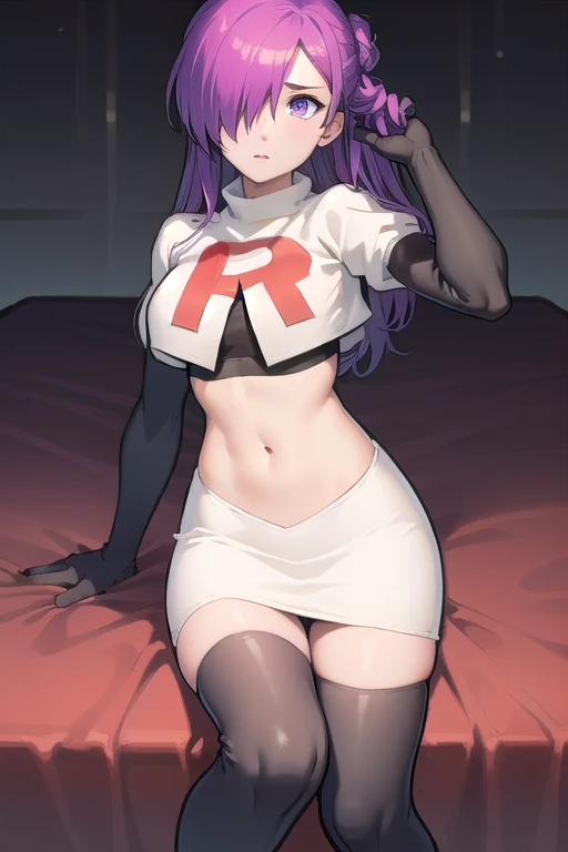 masterpiece, best quality, shez, hair over one eye, looking at viewer, team rocket,team rocket uniform,white skirt,red letter R,crop top,black thigh-highs,black elbow gloves